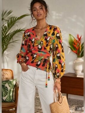 Anthropologie Multicolor Toucan Wrap Blouse